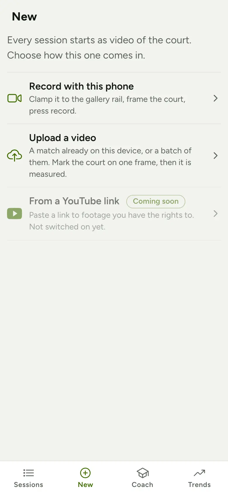 The New screen: record with this phone, upload a video, or a YouTube link marked Coming soon.